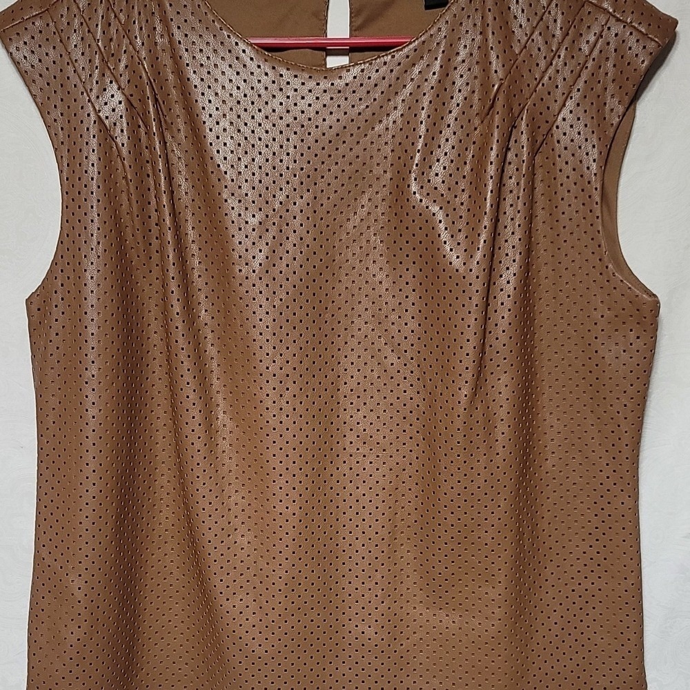 Brown Sleeveless Perforated Faux Leather Top